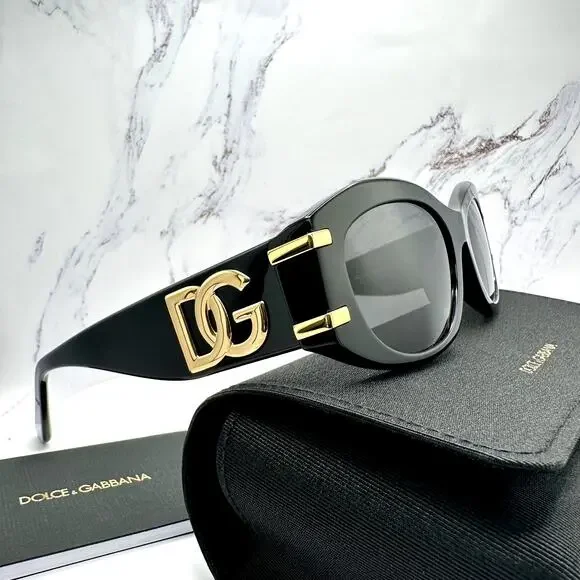 New Dolce & Gabbana Sunglasses Black Oval Acetate Gold Metal DG Gray Lens - Picture 4 of 16